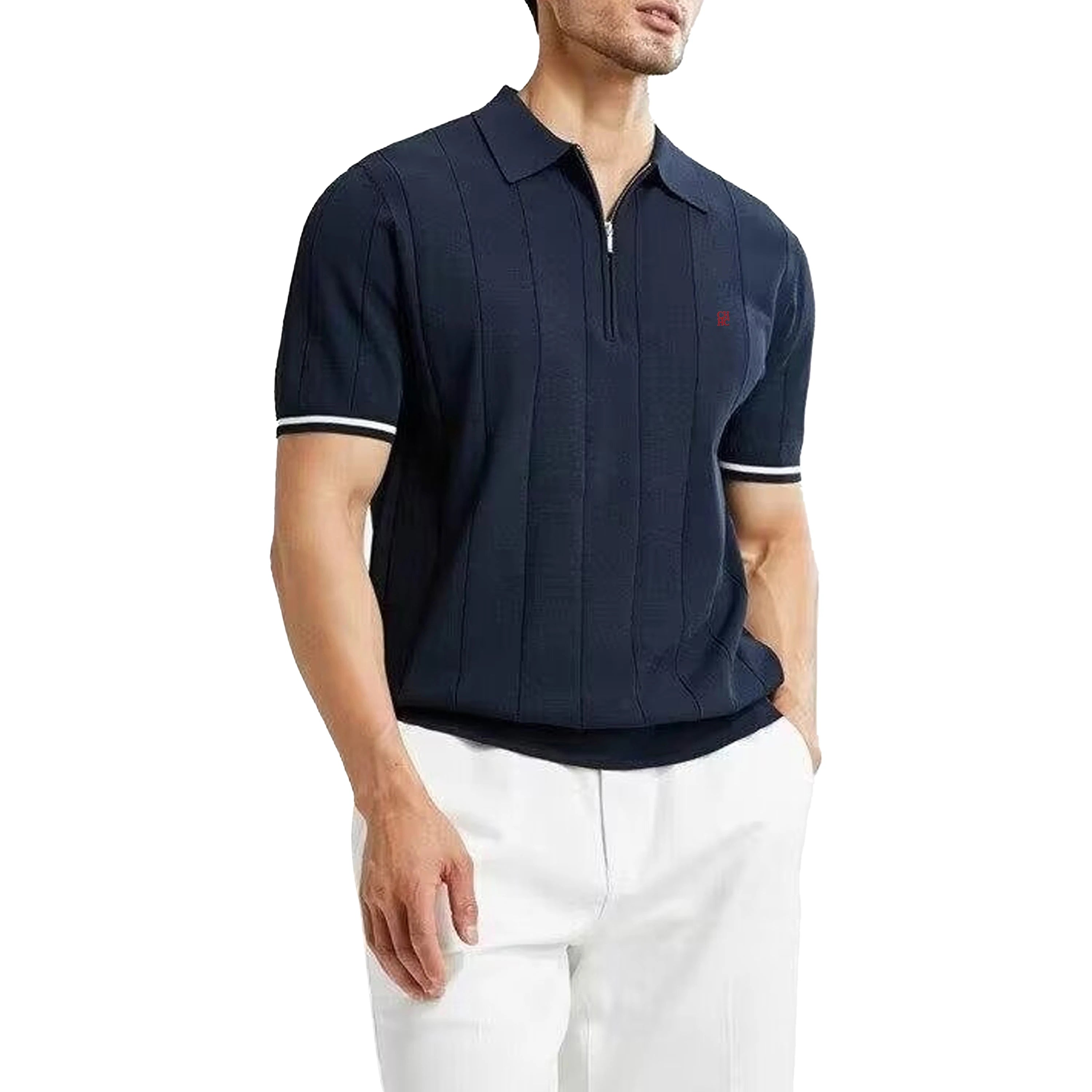 Men's Ribbed Knit Polo Shirt — Breathable Smart Casual Tee with Embroidery