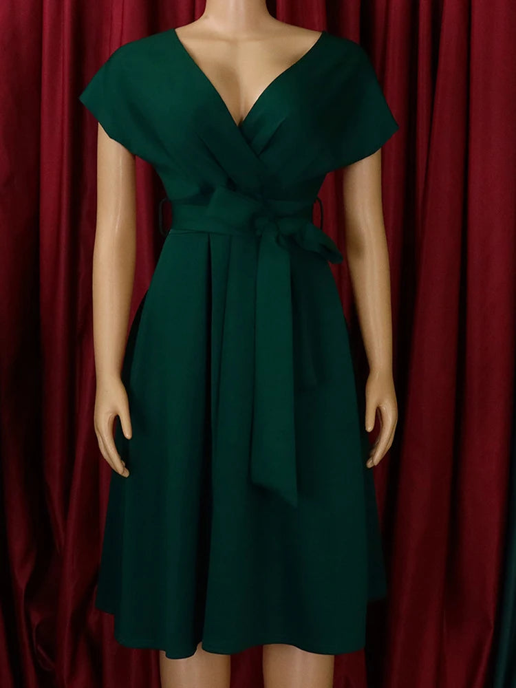Women's Big Bow Puff Sleeve A-Line Midi Dress – V-Neck Summer Party Dress