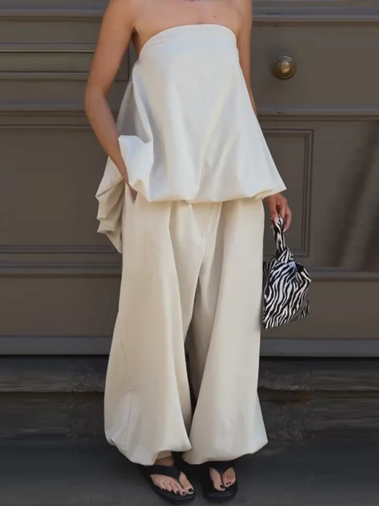 Women's Strapless Pleated Top & Loose Lantern Pants Set | Casual 2-Piece