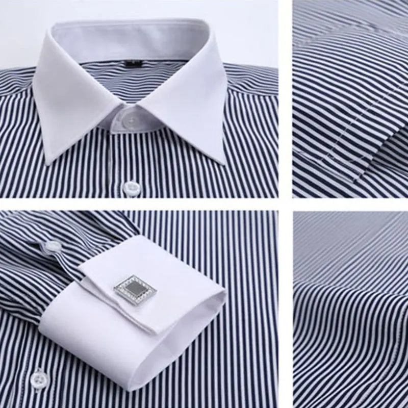New M~6XL Cotton Men's French Cuffs Business Long Sleeve Shirt Stripes Comfortable Standard Elegant Formal Shirts Cufflink Top