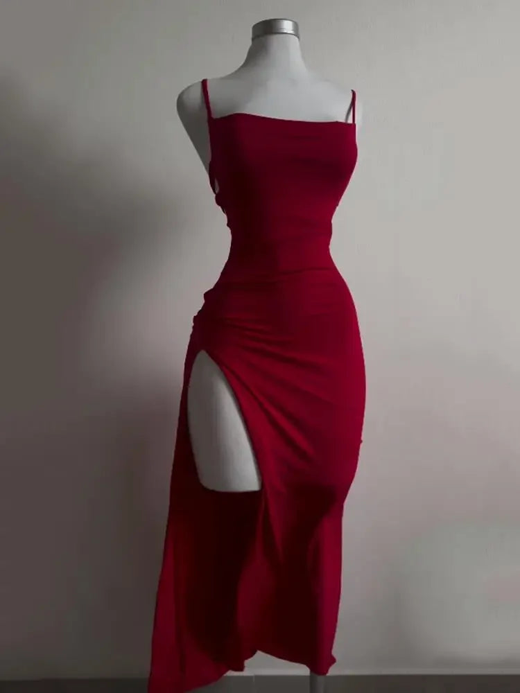 Women's Spaghetti Strap Bodycon Maxi Dress – Slim Fit Slash Neck Streetwear