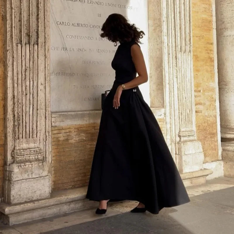 Elegant Asymmetric Collar Sleeveless A-Line Maxi Dress – Women's Evening Gown