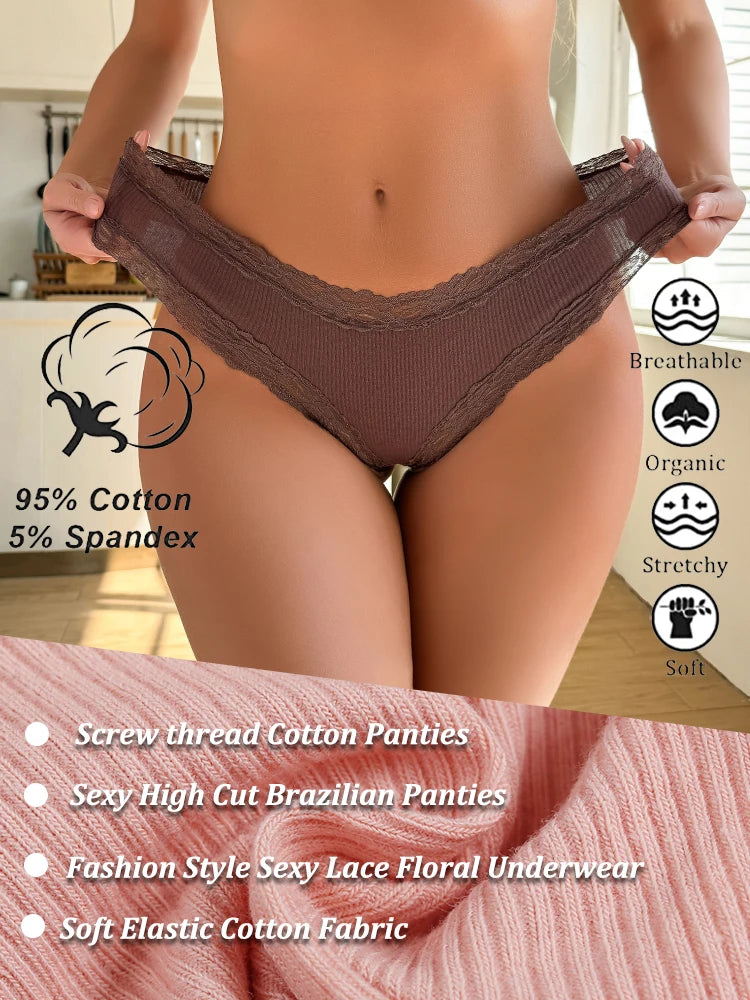 4PCS Seamless Cotton Fabric Panties For Women Sexy Lace Solid Color Brazilian Pants Female Soft Comfortable Bikini Underpants
