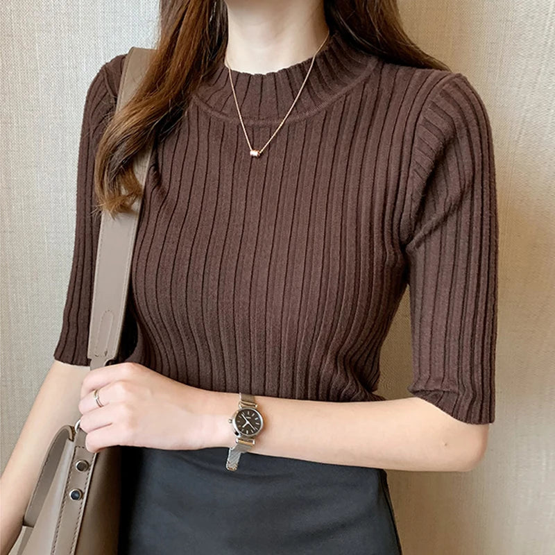 Women's Short Sleeve Knit Pullover Top | Half-High Collar | 9 Colors | One Size