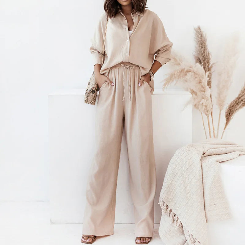 Women's Lapel Shirt & High Waist Wide-Leg Trousers – Elegant 2-Piece Suit Set