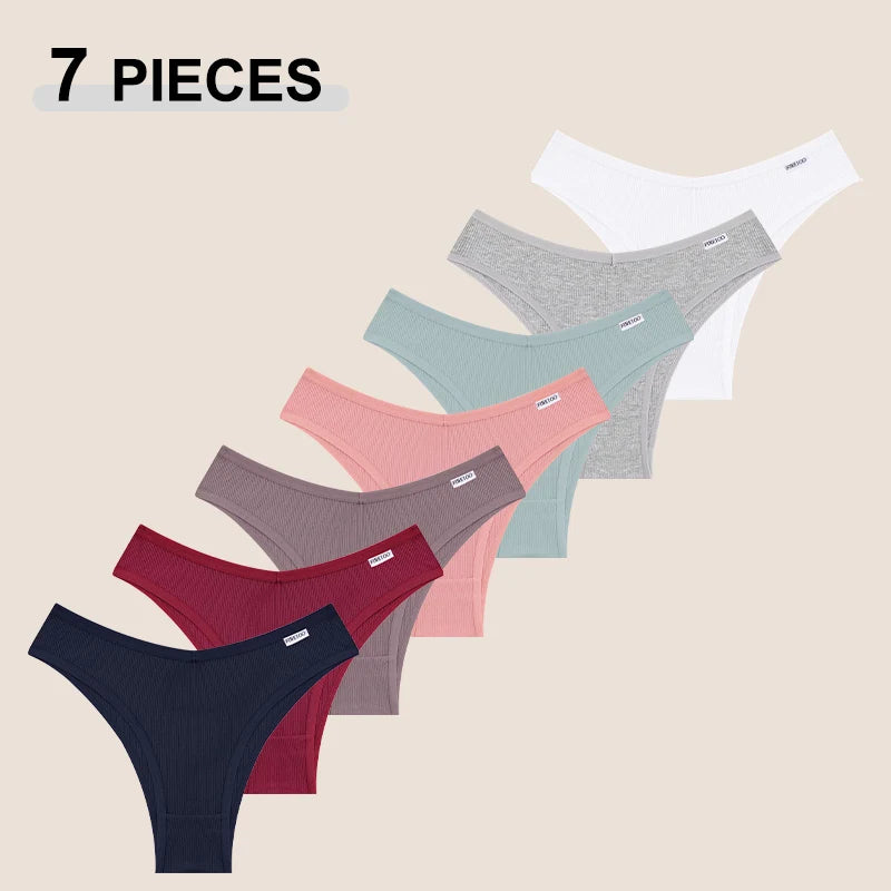 FINETOO 7PCS V-Waist Cotton Bikini Pants Seamless Low Rise T-Back Brazilian Underwear Comfortable Underpants Soft Girls Lingerie