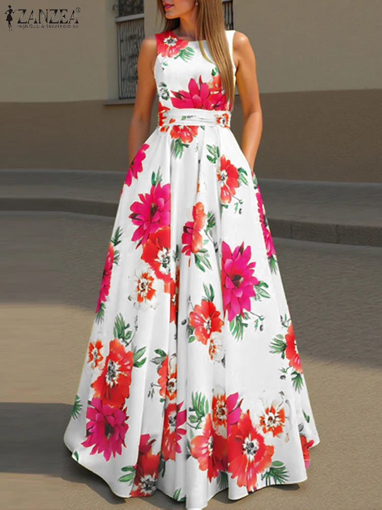 Women's Bohemian Floral Print Sleeveless Maxi Sundress – Loose Fit Summer Party Dress