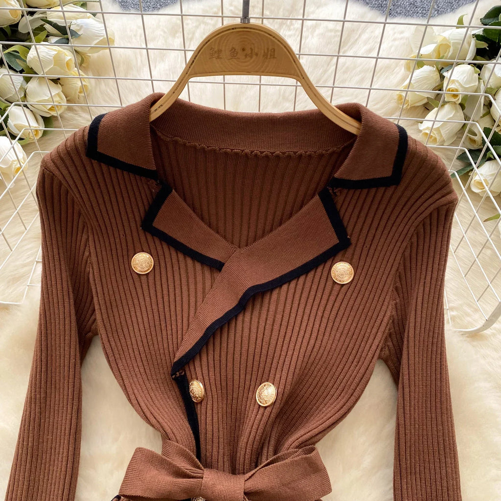 Vintage Turn-down Collar Slim Bandage Basics Metal Buckle Patchwork Dress Korean Evening Women Fashion Autumn Winter Clothing