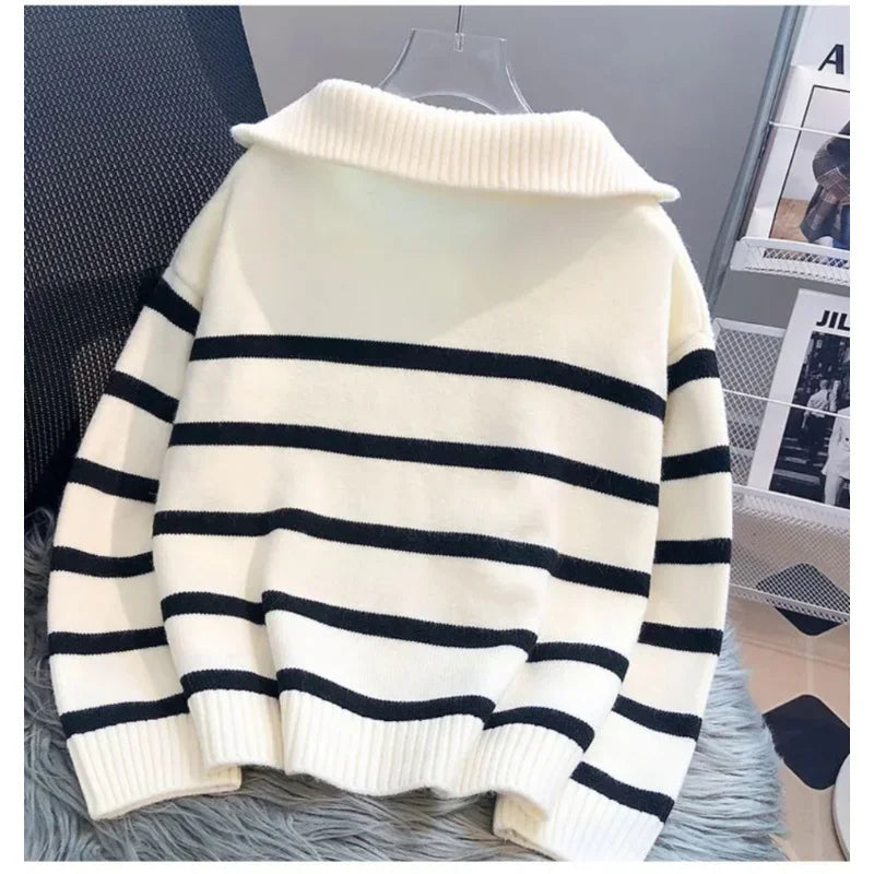Women's Striped Zip Knit Pullover – Loose Fit Casual Sweater
