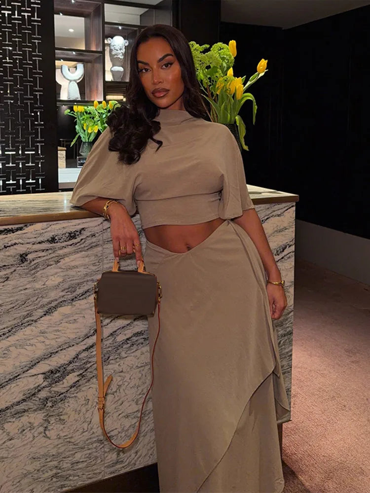 Women's Elegant Batwing Sleeve Top & Asymmetric Maxi Skirt Set – 2-Piece Chic Outfit