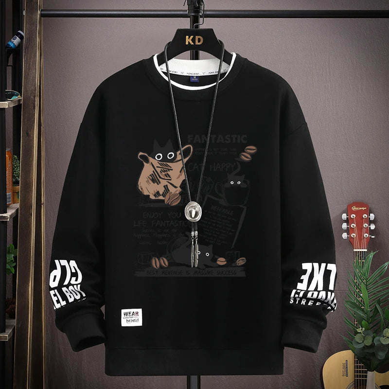 Oversized Cartoon Cat Sweatshirt — Harajuku Long Sleeve Pullover | Unisex S–5XL