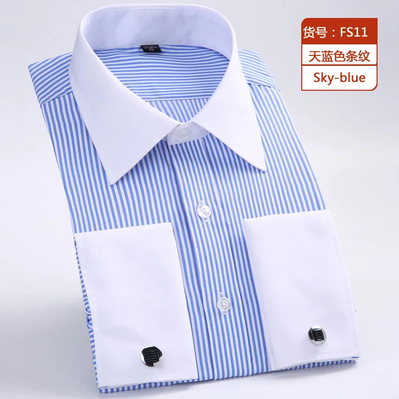 New M~6XL Cotton Men's French Cuffs Business Long Sleeve Shirt Stripes Comfortable Standard Elegant Formal Shirts Cufflink Top