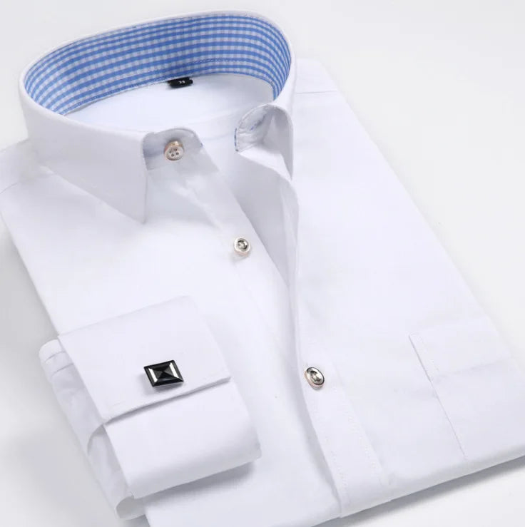 New M~6XL Cotton Men's French Cuffs Business Long Sleeve Shirt Stripes Comfortable Standard Elegant Formal Shirts Cufflink Top