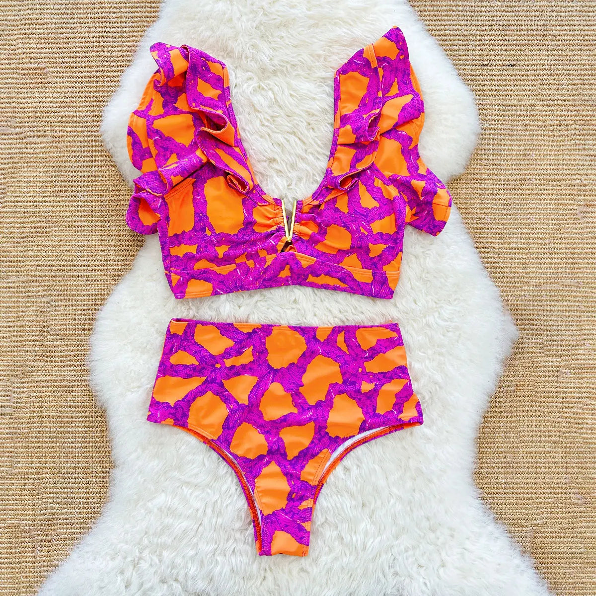2025 New Sexy High Waist Bikini Sets Ruffle Swimwear Women Swimsuit Print Floral Dots V-neck Beach Wear Bathing Suits Biquini