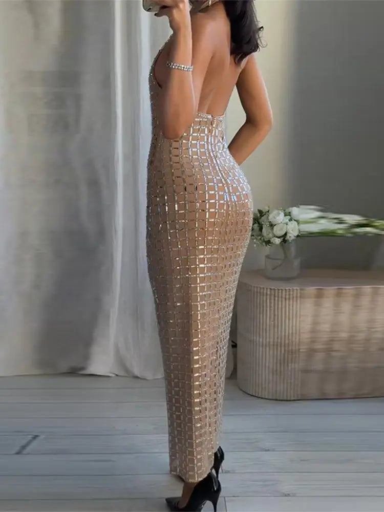 Halter Sequined Midi Dress Women Sexy Turtleneck Sleeveless Backless Waist Cinching Party Evening Dresses Chic Office Lady Robes