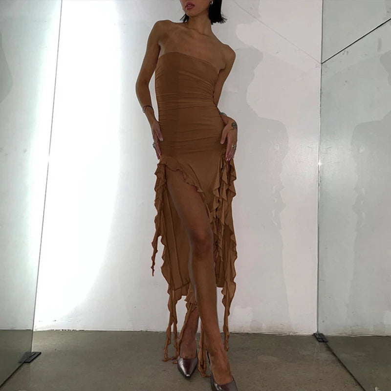 Women's Ruffle Off Shoulder Backless Ruched Midi Dress – Asymmetric Sexy Summer Dress