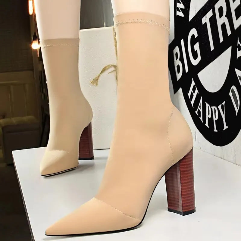 Women's Pointed-Toe Stretch Sock Ankle Boots – High Heel Slip-On Booties for Spring & Fall