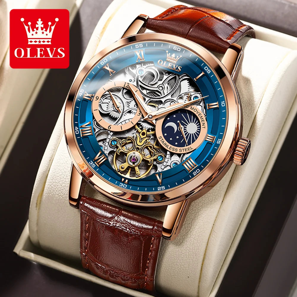 OLEVS 6670 Men's Automatic Mechanical Watch | Skeleton Leather Strap