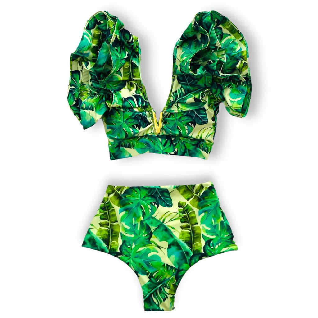 2025 New Sexy High Waist Bikini Sets Ruffle Swimwear Women Swimsuit Print Floral Dots V-neck Beach Wear Bathing Suits Biquini