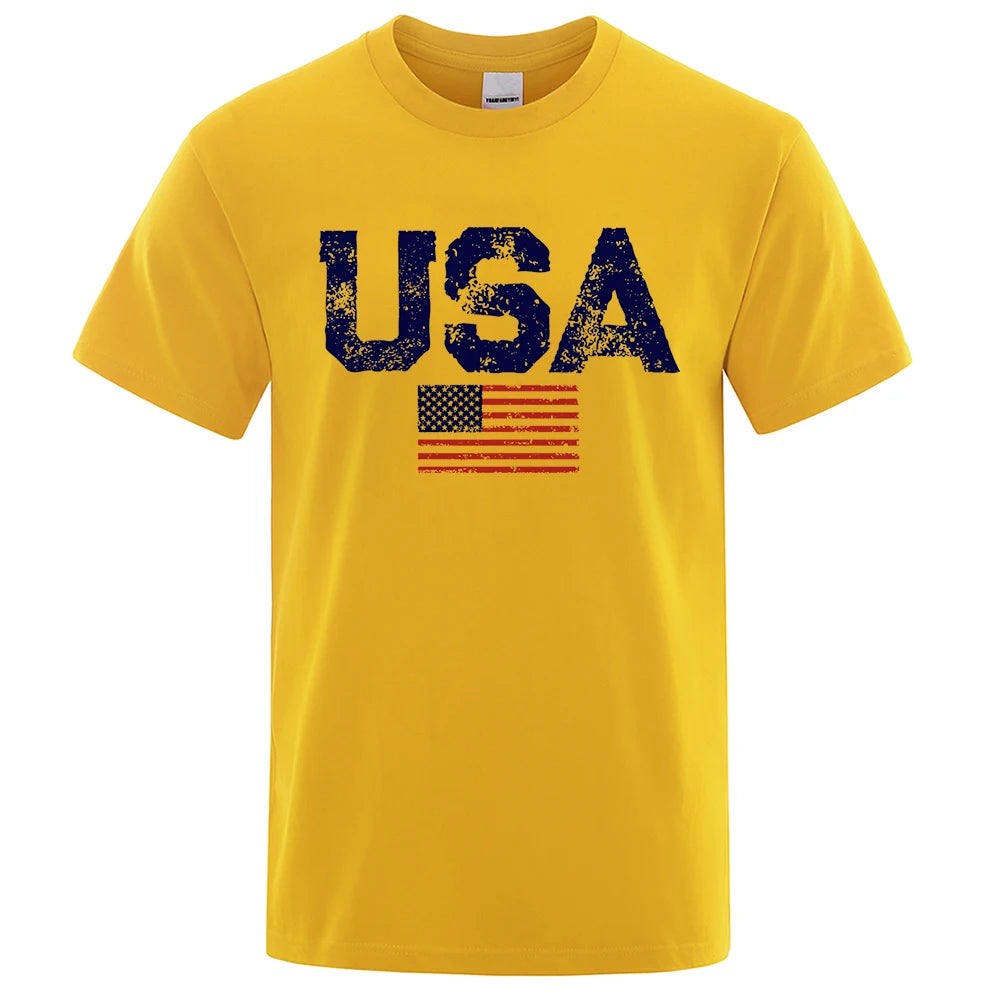 Men's Vintage USA Flag Street Print T-Shirt — Casual Cotton Tee