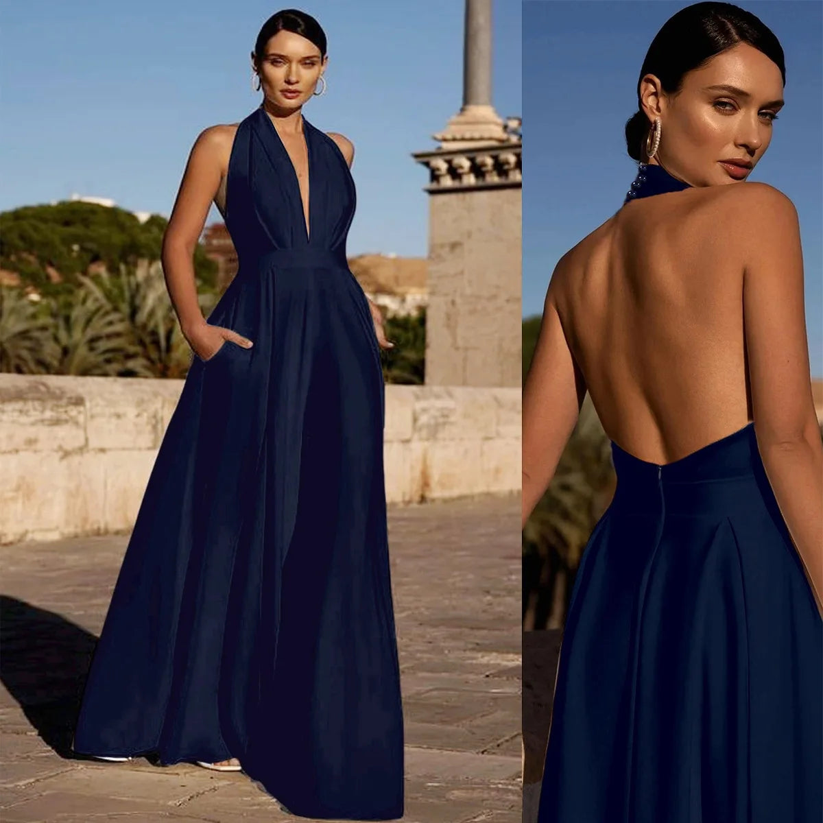 Temperament Elegant Halter Neck Jumpsuits Women Sexy Deep V-neck Backless High Waist Wide Leg Jumpsuit Solid Color Female New