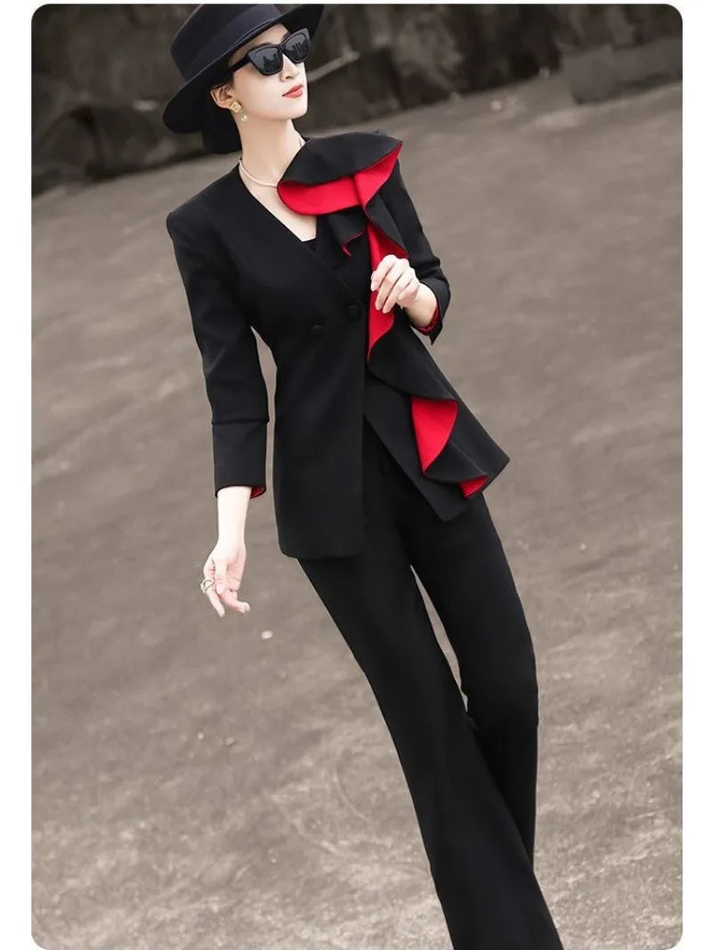 New Fashion Ruffles Blazer Suit Women Autumn High End Elegant V-neck Long Sleeve Jacket + Micro Flare Pants Two Piece Set