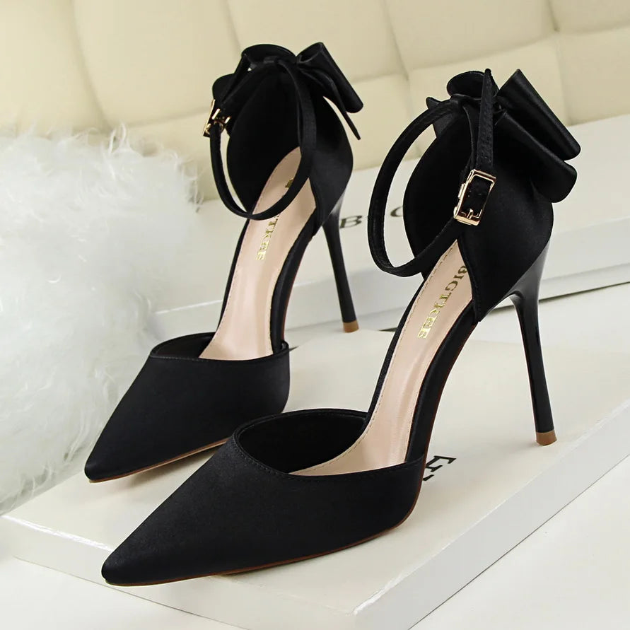 Women's High Heel Bow Sandals – Satin Ankle Strap Stiletto Heels 8cm & 10cm