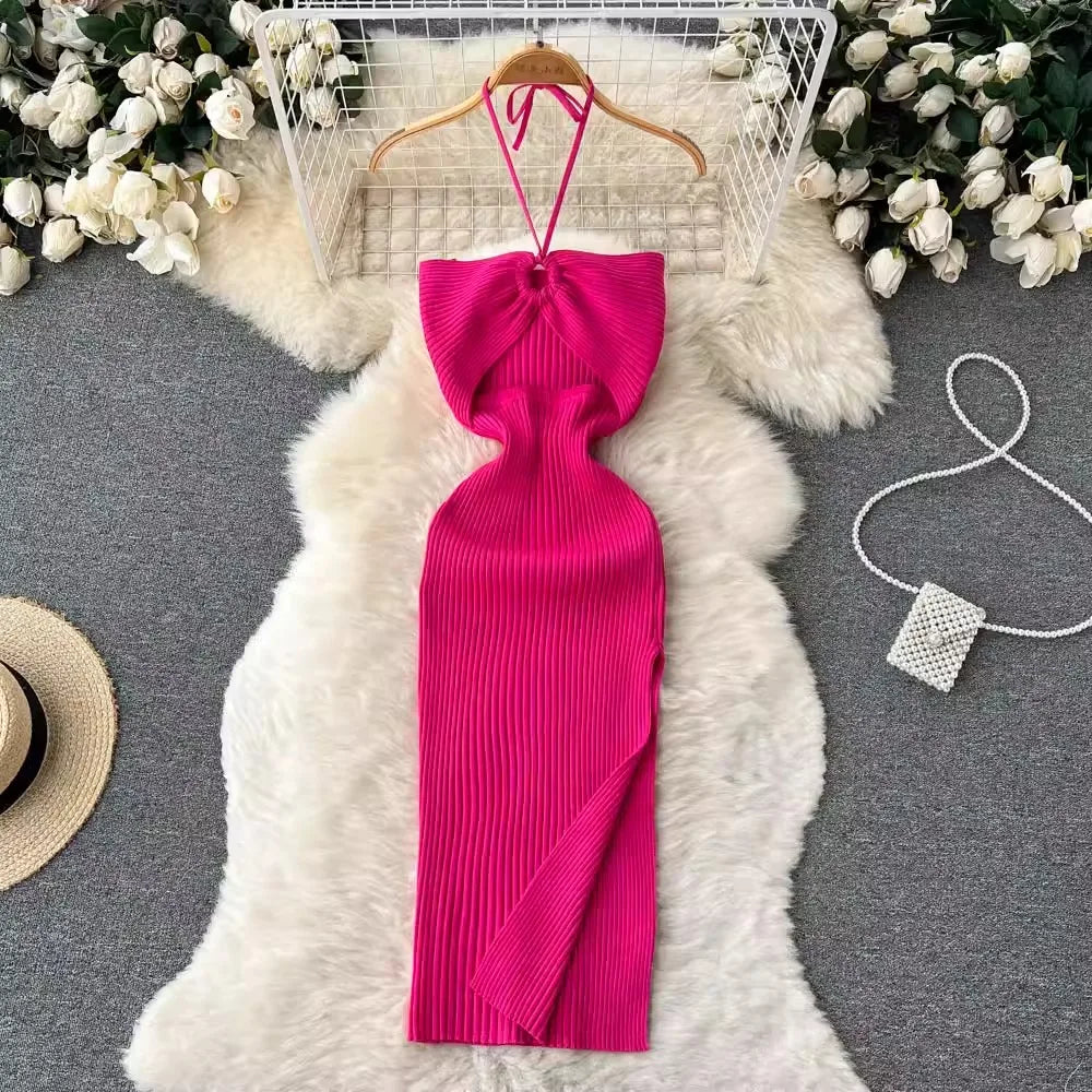 Women's Knit Bodycon Midi Dress — Sexy Slash Neck Split Streetwear