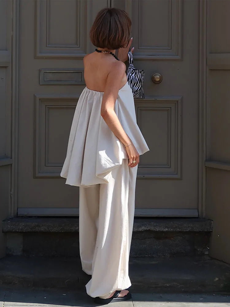 Women's Strapless Pleated Top & Loose Lantern Pants Set | Casual 2-Piece