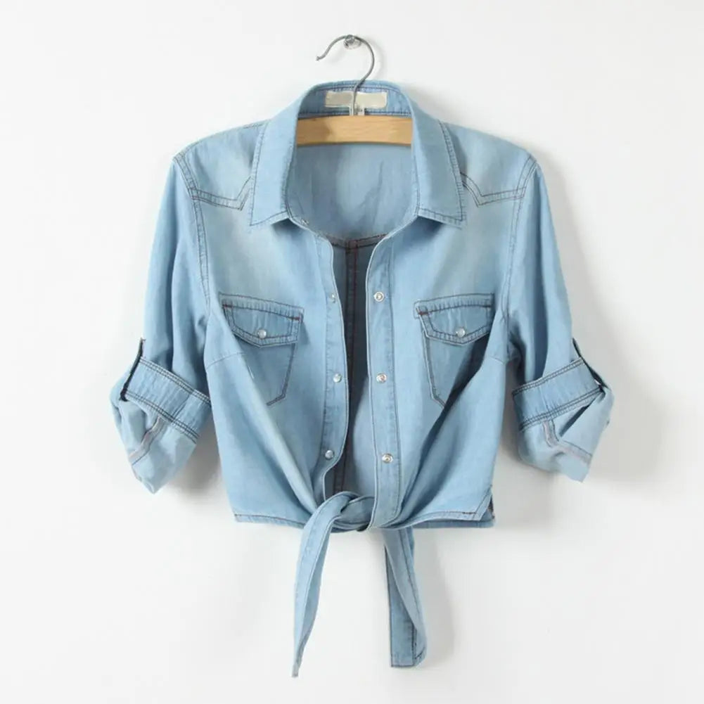 Women's Cropped Lace-Up Denim Jacket – Single-Breasted Tie Knot Jean Cardigan Coat