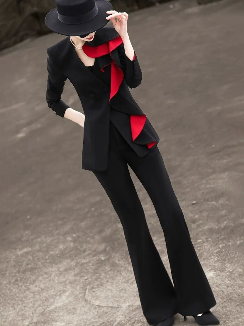 New Fashion Ruffles Blazer Suit Women Autumn High End Elegant V-neck Long Sleeve Jacket + Micro Flare Pants Two Piece Set