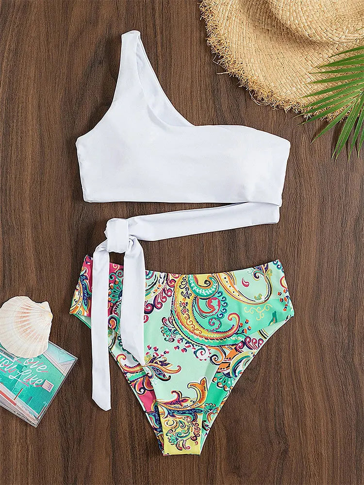 2025 New Push Up Single Shoulder Stripe Women Bikini Set High Cut Printed Bottom Padded Swimwear Summer Beachwear Bathing Suit