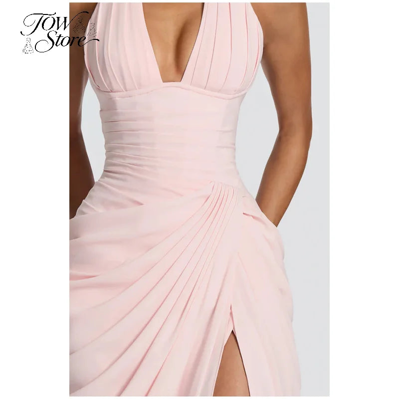 Women's Pleated Halter Backless Maxi Dress – Elegant Party Gown