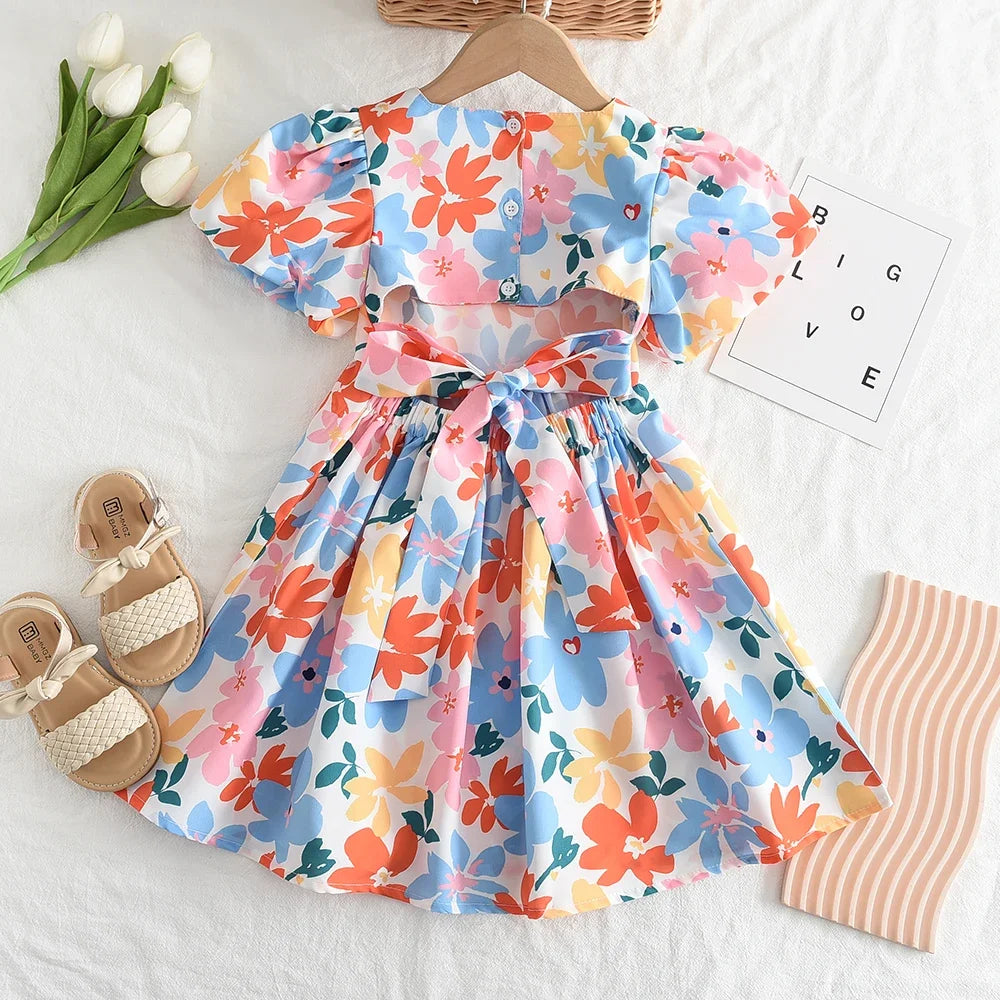 Summer New Fashionable Floral Countryside Style Dress for Baby Girls Colorful Floral Short Sleeved Dress for Girls Aged 3-7
