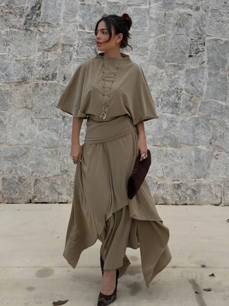 Women's Elegant Batwing Sleeve Top & Asymmetric Maxi Skirt Set – 2-Piece Chic Outfit