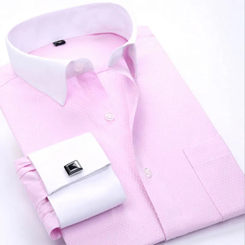 New M~6XL Cotton Men's French Cuffs Business Long Sleeve Shirt Stripes Comfortable Standard Elegant Formal Shirts Cufflink Top
