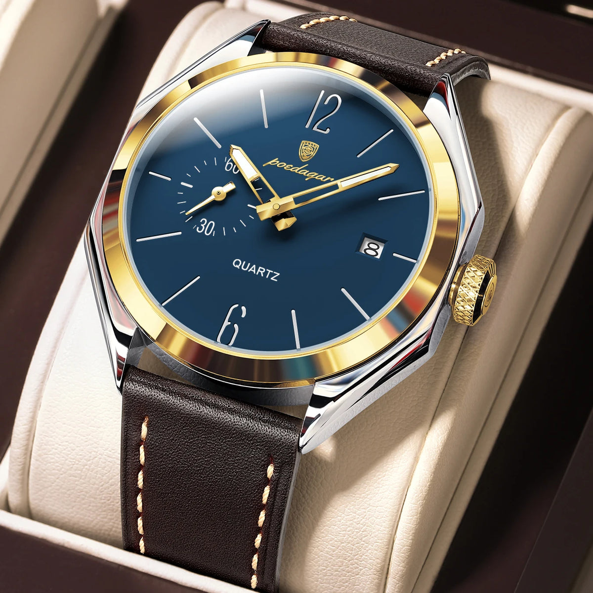 POEDAGAR Men's Leather Quartz Watch