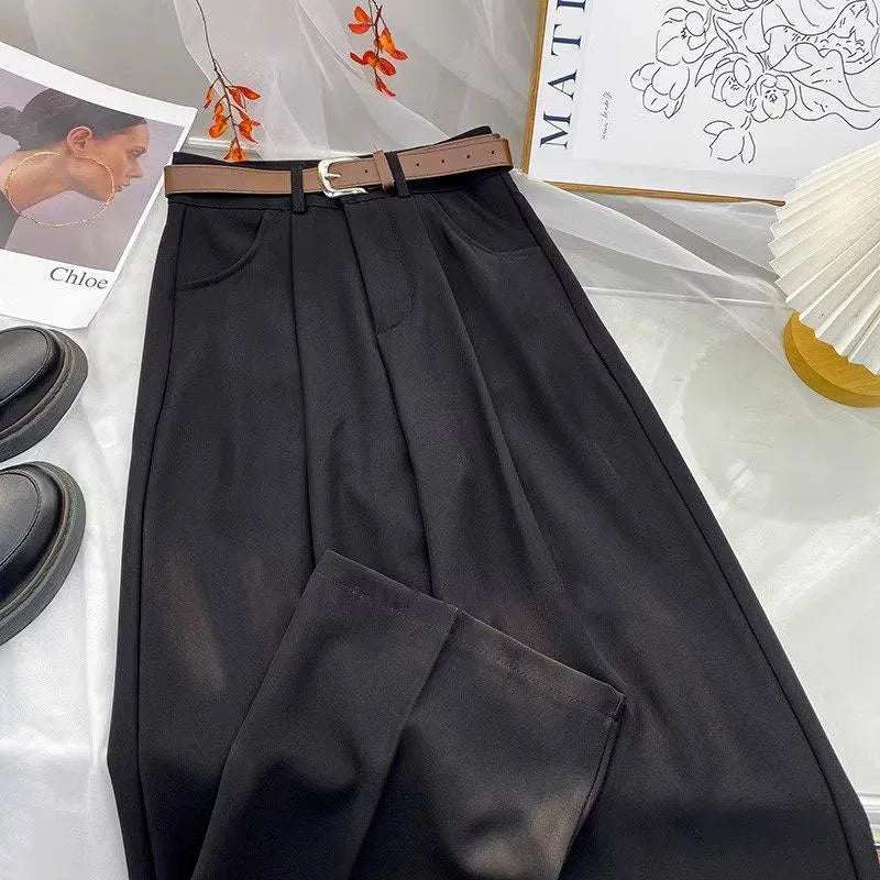 Women's High Waist Belt Wide-Leg Trousers – Solid Color Baggy Office Pants