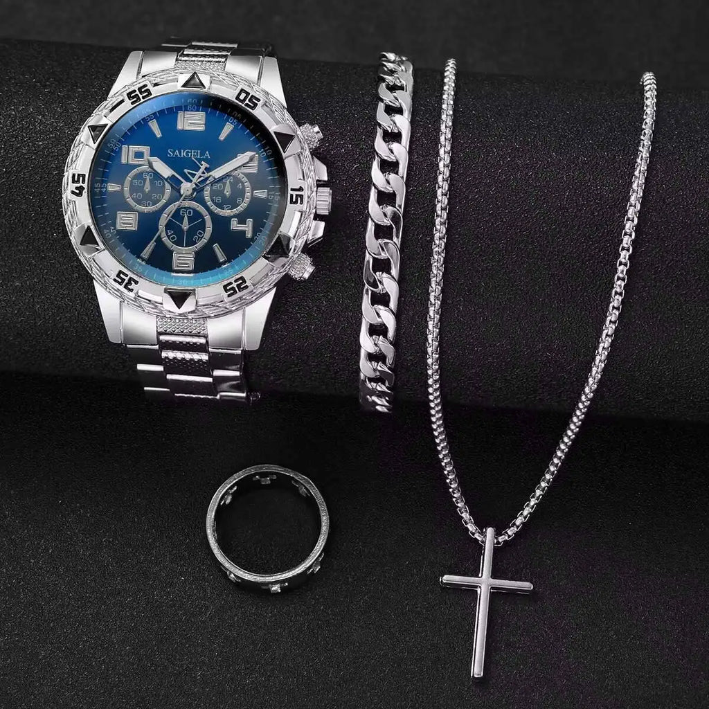 Men's 4-Piece Luxury Watch & Jewelry Set | Quartz Watch, Bracelet, Necklace & Ring