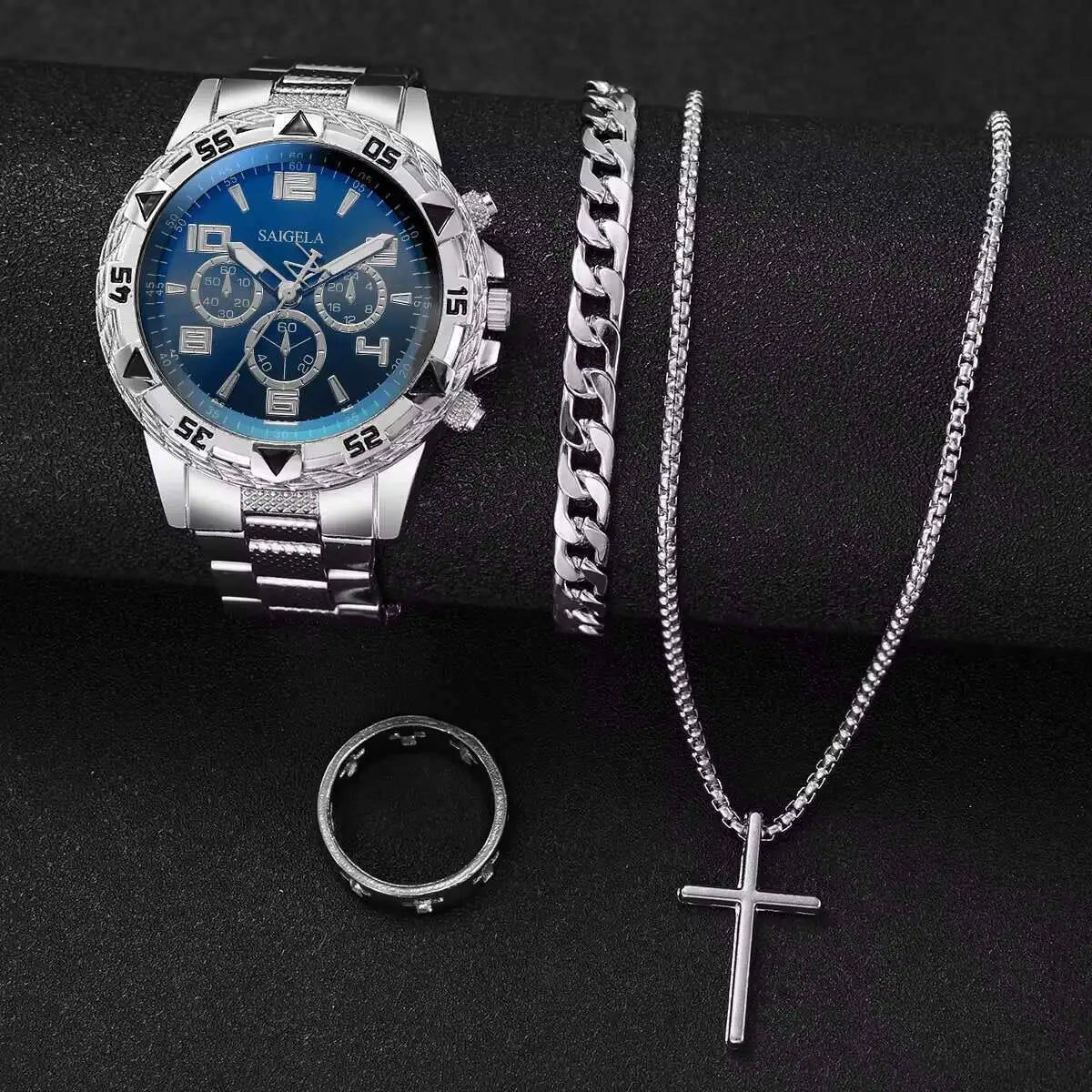 Men's 4-Piece Luxury Watch & Jewelry Set | Quartz Watch, Bracelet, Necklace & Ring