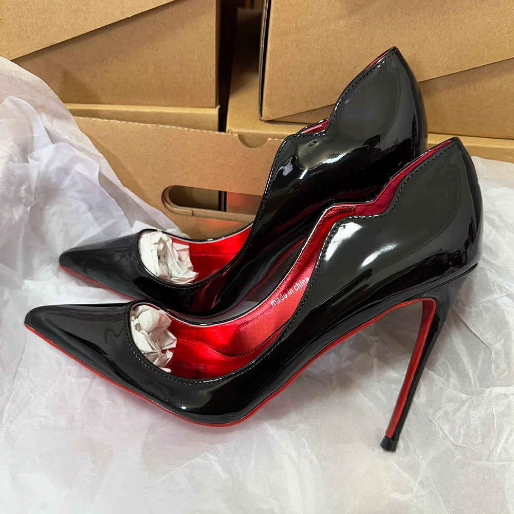 Veowalk Wave Cut Women Pointed Toe Stiletto Pumps Fashion Design Red Inside Slip On 12cm High Heel Shoes Glossy Nude Black White