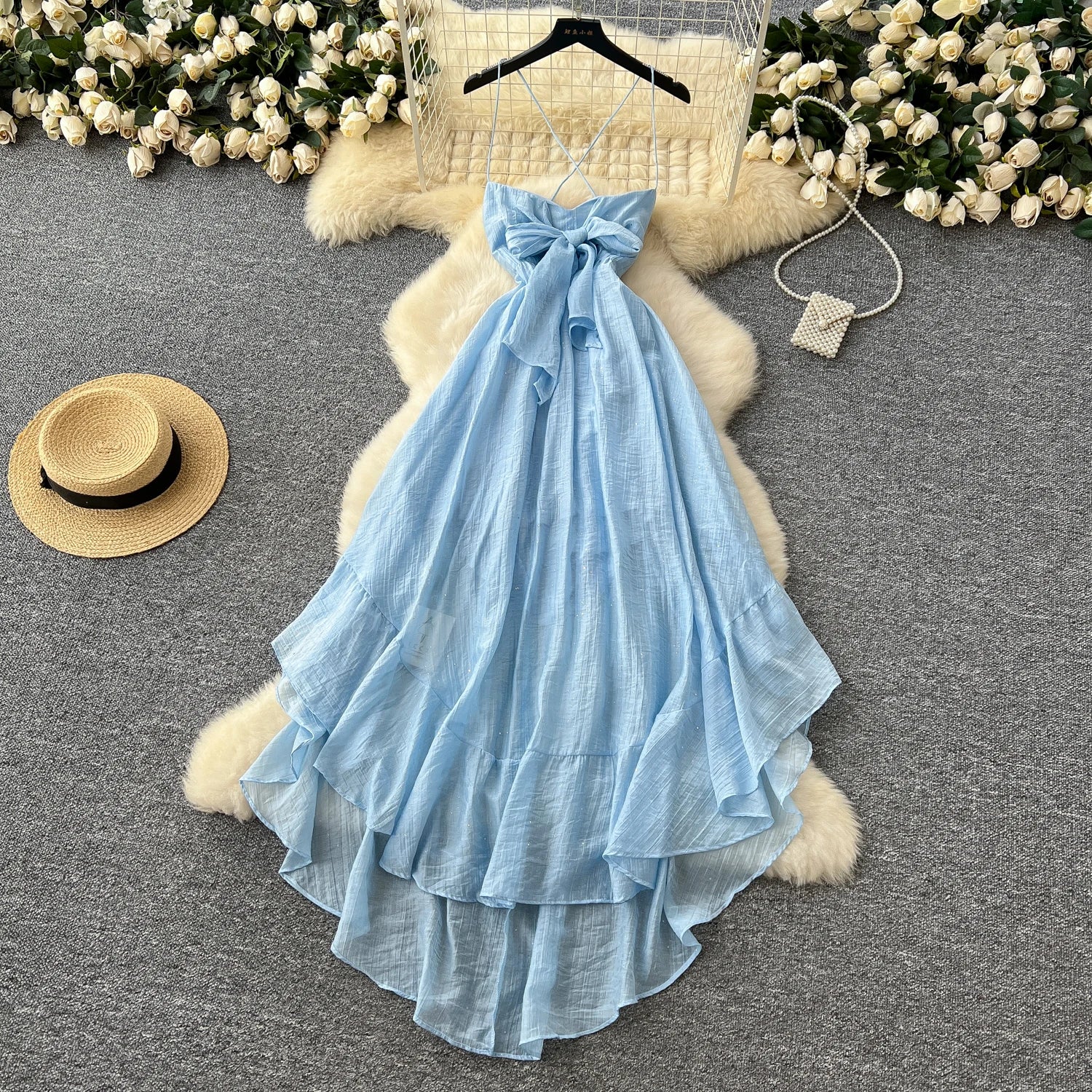 vintage backless sleeveless glitter butterfly asymmetrical pleated Elegant Slim Vintage High Street Korean Fashion Women Clothes