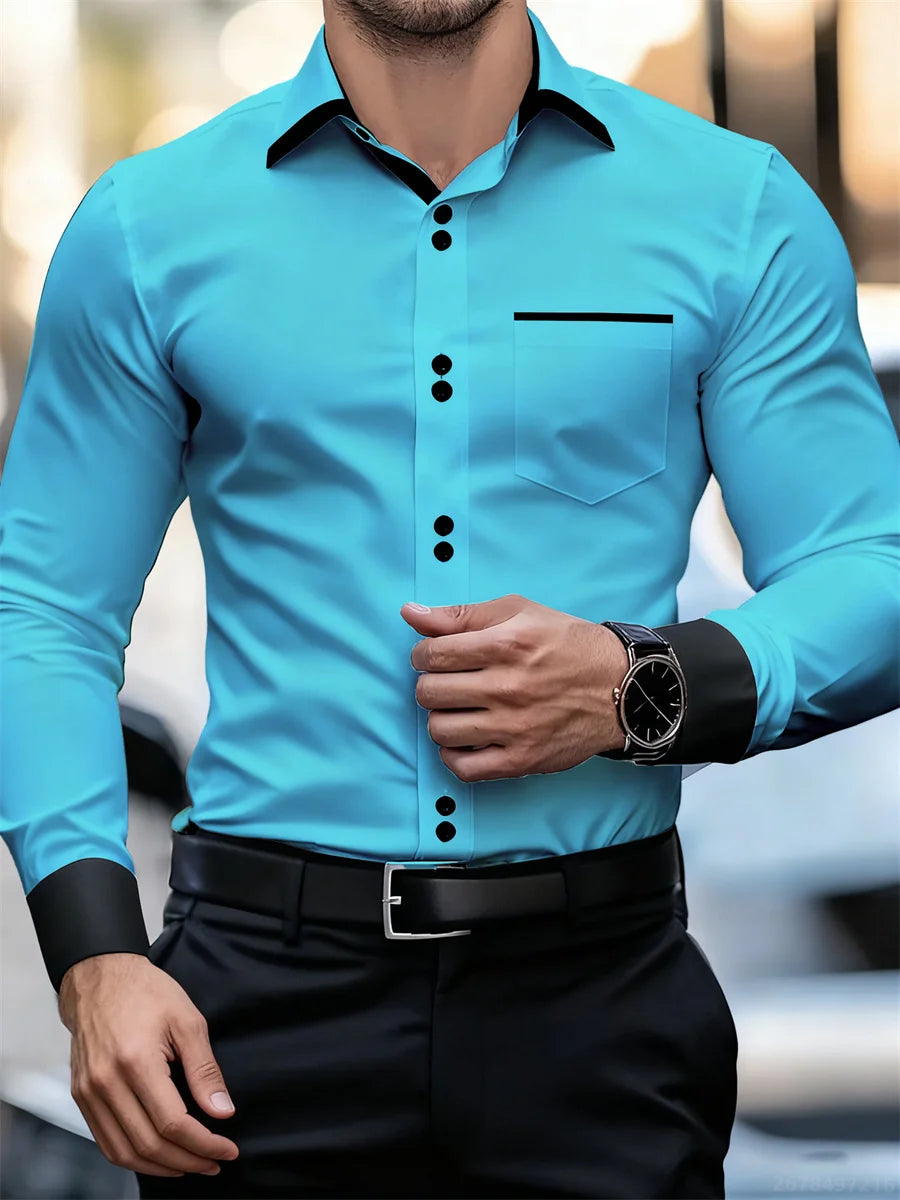Men's Business Color Block Collar Long Sleeve Shirt, Slim Fit, Wrinkle-Free, Black and White Patchwork Shirt, Men's Fashion Top