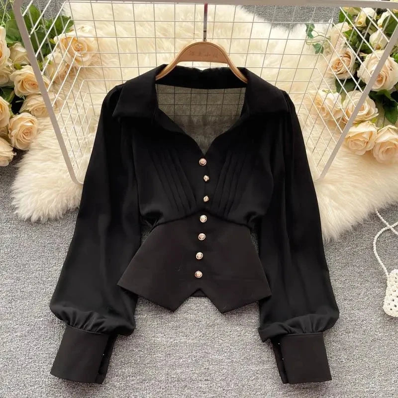 Women's Puff Sleeve Polo Blouse – Casual Button-Up Short Top
