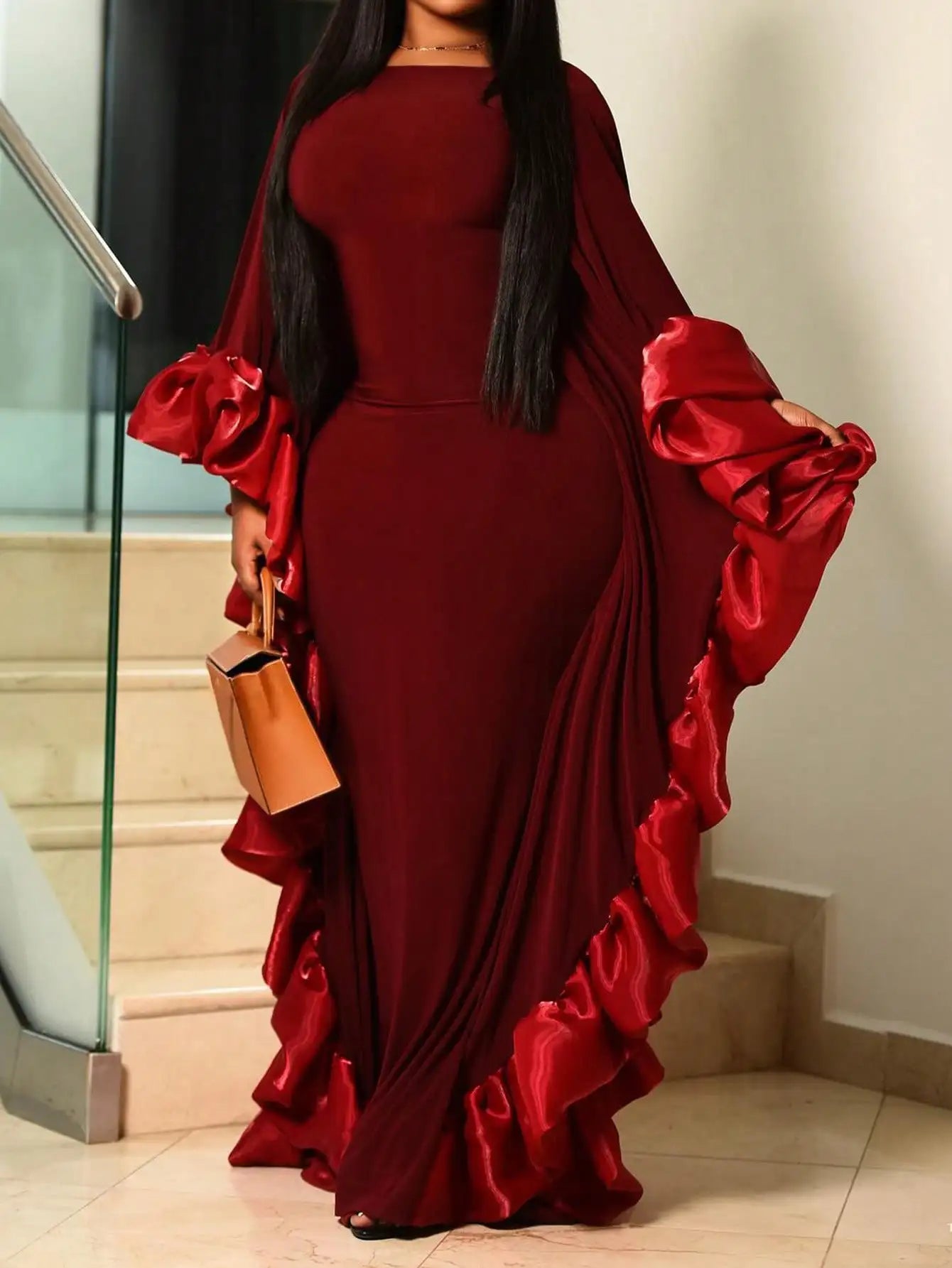 Burgundy Solid Asymmetrical Ruffle Sleeve Evening Gown with Pleated Detail