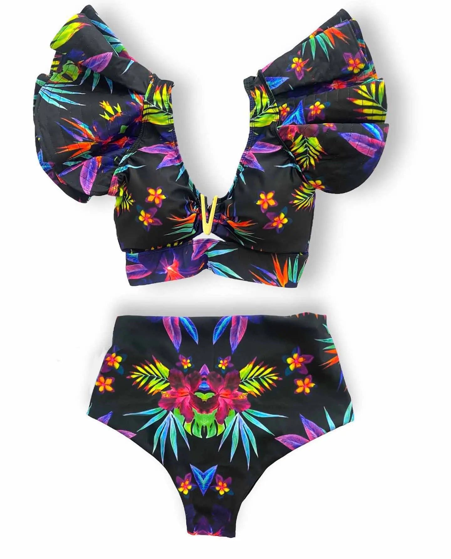 2025 New Sexy High Waist Bikini Sets Ruffle Swimwear Women Swimsuit Print Floral Dots V-neck Beach Wear Bathing Suits Biquini