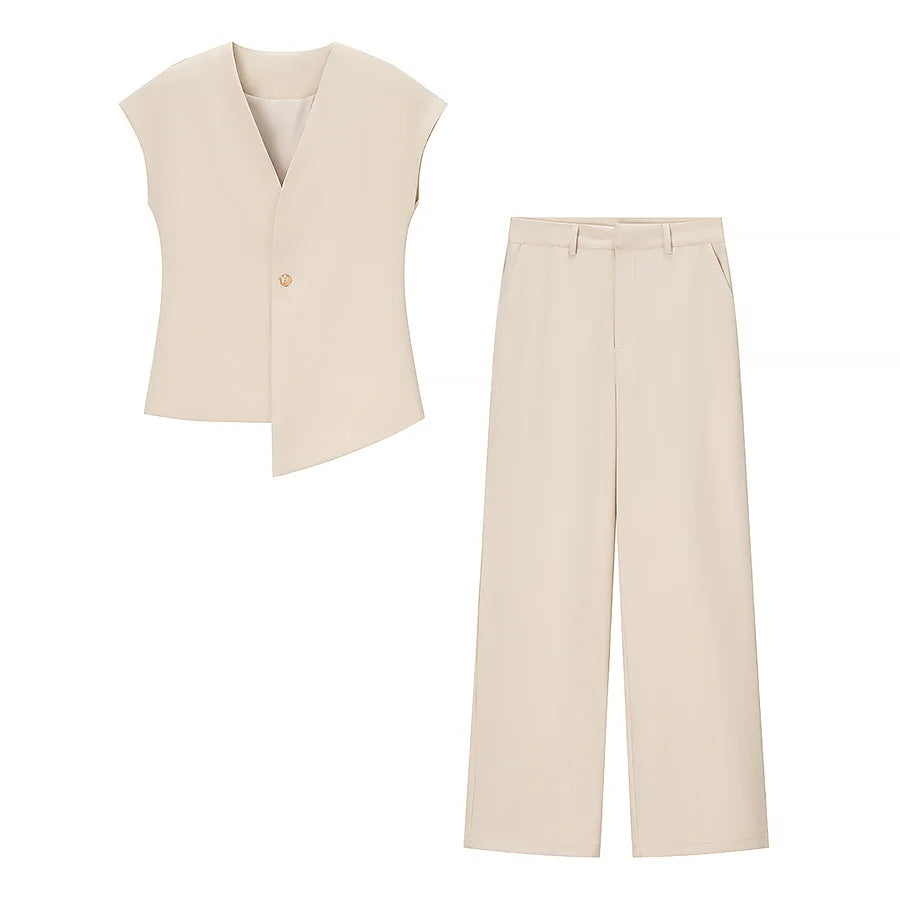 Women's V-Neck Buckle Vest & High Waist Wide-Leg Pants – Chic 2-Piece Office Set