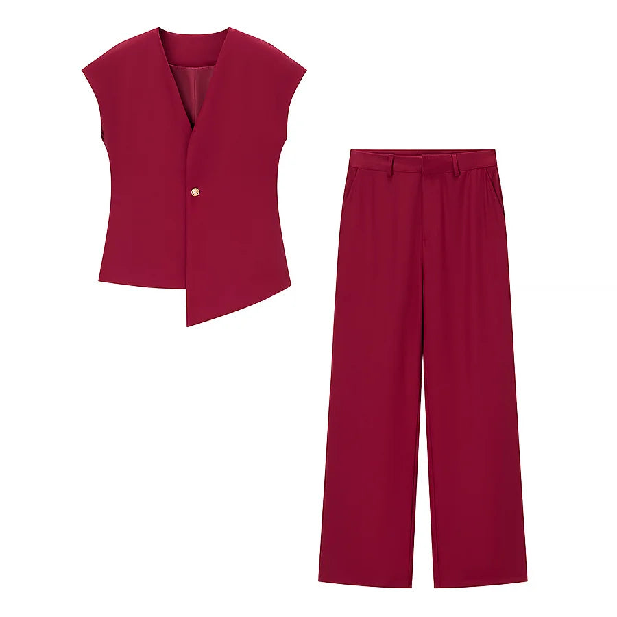 Women's V-Neck Buckle Vest & High Waist Wide-Leg Pants – Chic 2-Piece Office Set