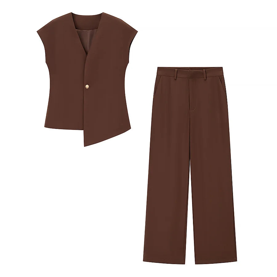 Women's V-Neck Buckle Vest & High Waist Wide-Leg Pants – Chic 2-Piece Office Set