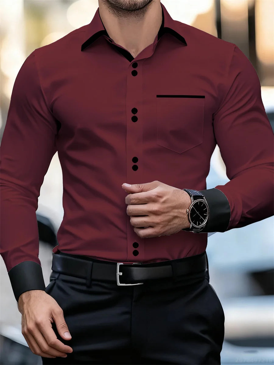 Men's Business Color Block Collar Long Sleeve Shirt, Slim Fit, Wrinkle-Free, Black and White Patchwork Shirt, Men's Fashion Top